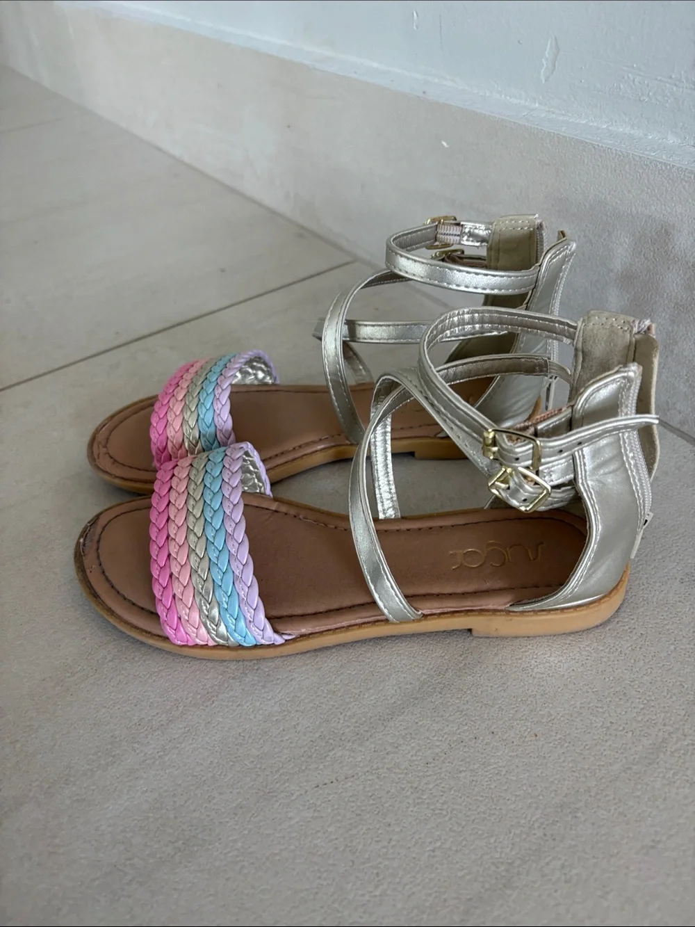 Sugar Metallic Silver Ankle-Strap Sandals with Pastel Braided Bands